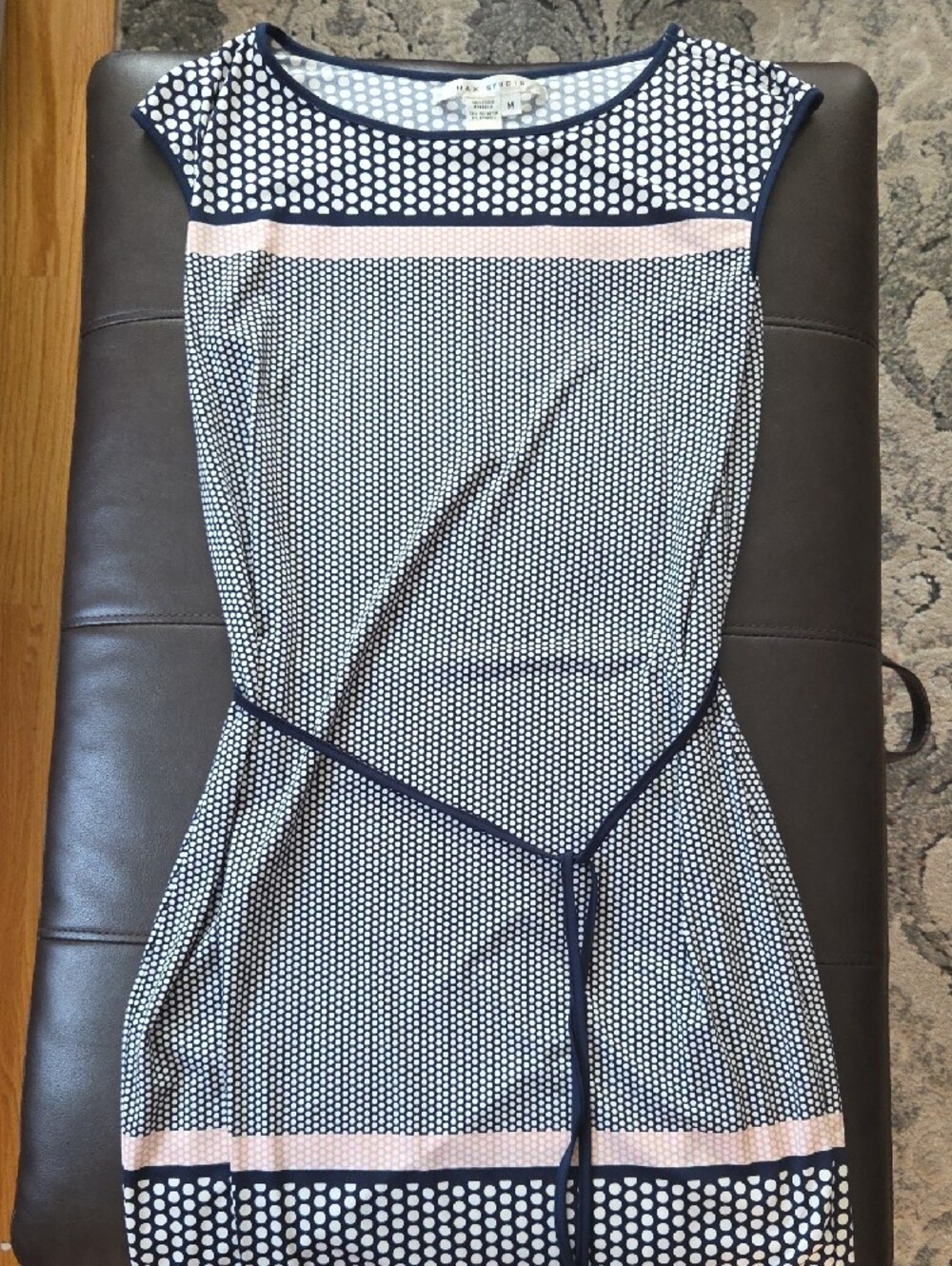 Max Studio Navy and White Polka Dot Dress with Contrast Trim
